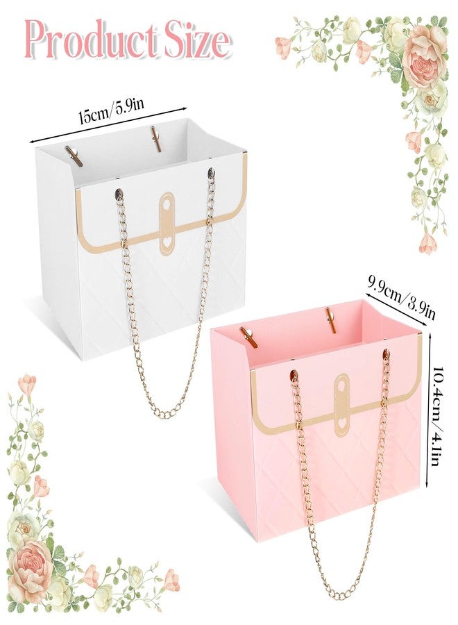 Gtziqa 4 Pcs Flower Paper Gift Box Bouquet Storage Bucket, Flower Boxes Wedding Florist Handbag with Metal Chain, Floral Craft Wrap Bag for Arrangements Valentine's Day Birthday Mother's Day (Pink White) - Image 2